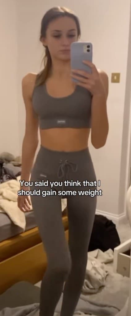 Victoria before her bulk — grey activewear, 'You said you think I should gain some weight'